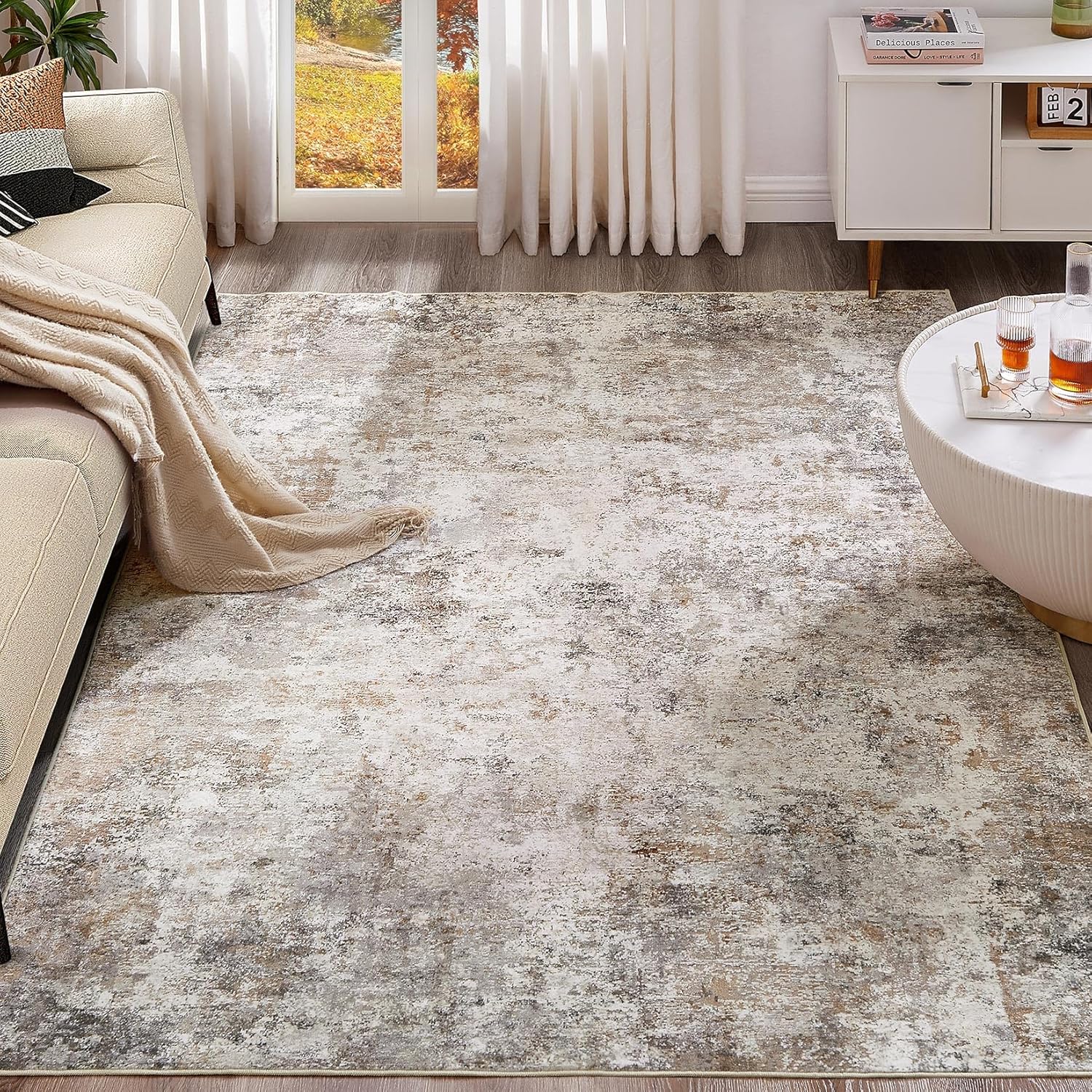 UERMEI 8x10 Area Rug Living Room Rugs - Washable Neutral Modern Abstract Soft Thin Large Rug Indoor Floor Non Slip Rug Carpet for Bedroom Under Dining Table Home Office Decor - Brown Grey