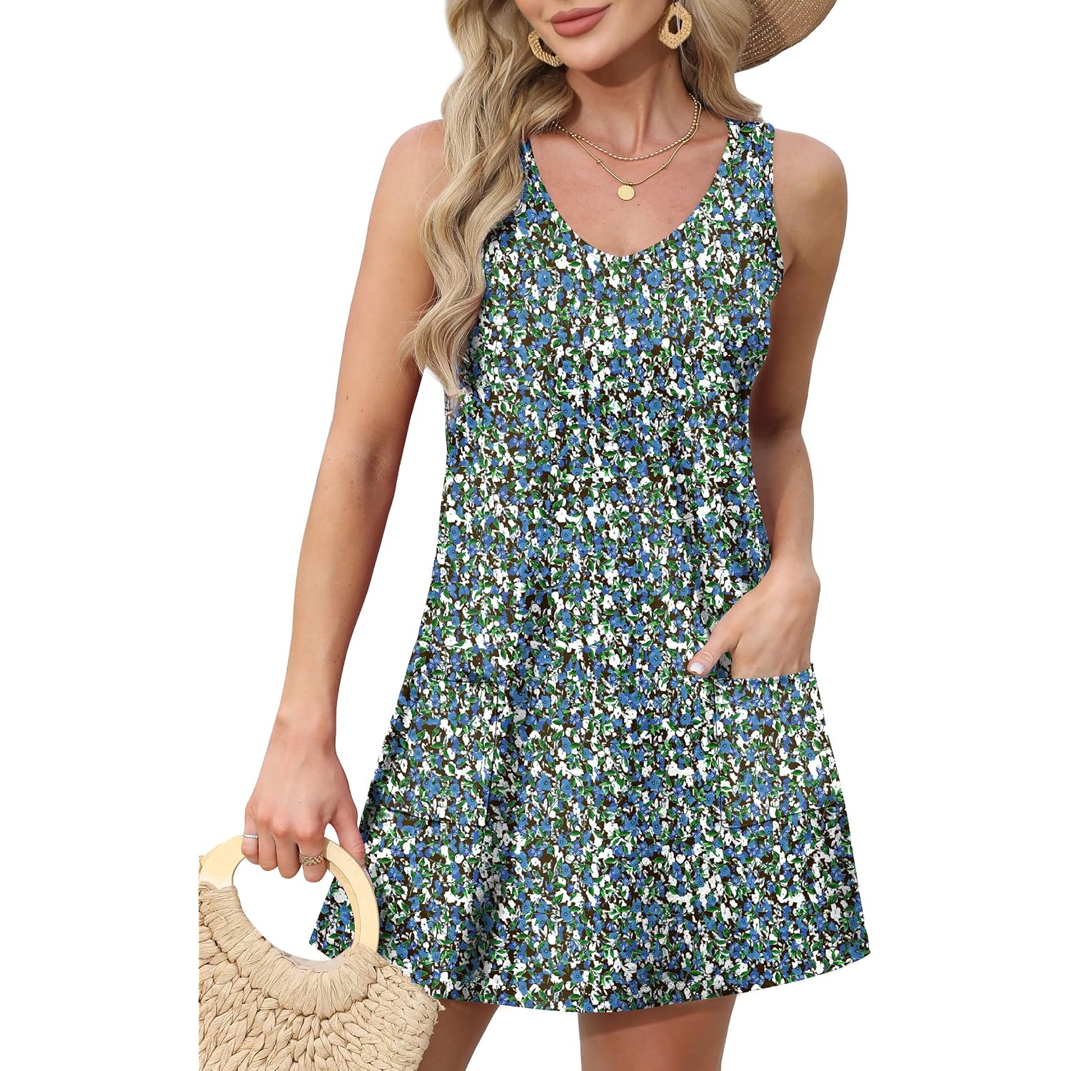 Ofeefan Womens Summer Dresses 2026 Loose V Neck Sleeveless Sundresses Swimsuit Coverup With Pockets Floral/Plain/Eyelet
