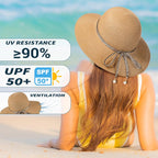 Womens Beach Sun Straw Hat - UV Protection UPF 50+ Sun Hats for Women with Wide Brim, Straw Beach Hat for Women