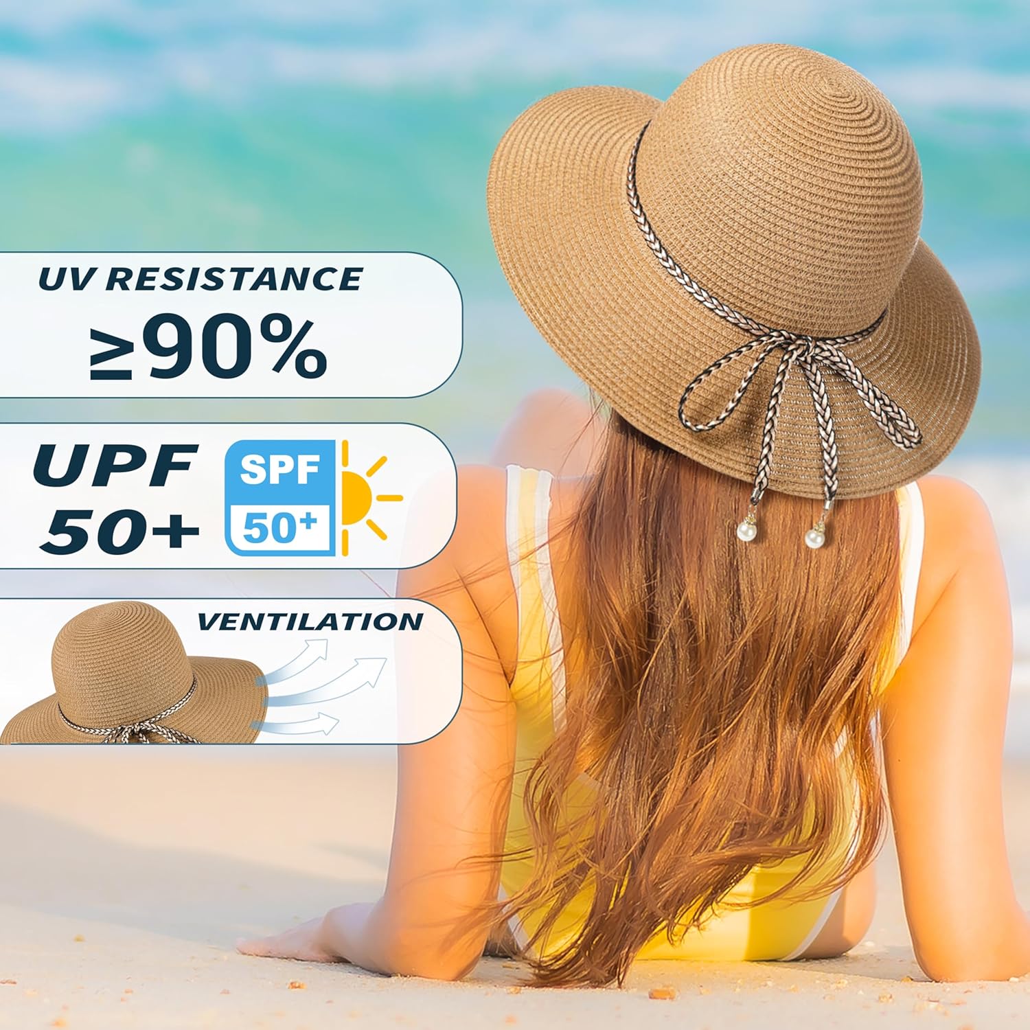 Womens Beach Sun Straw Hat - UV Protection UPF 50+ Sun Hats for Women with Wide Brim, Straw Beach Hat for Women