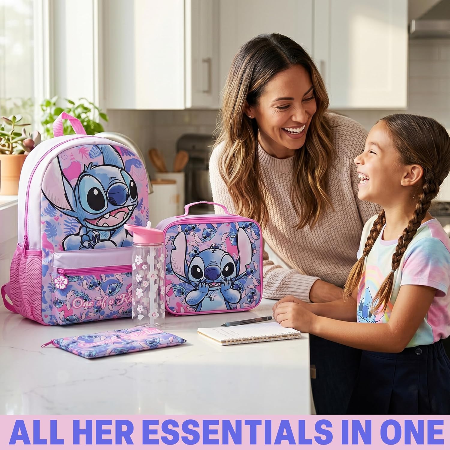 Get Trend Disney Stitch Kids Backpack 4 Piece Set | 18 Inch Bookbag, Insulated Lunch Bag, Zipped Pencil Case & Bpa-Free Water Bottle For School & Travel, Gifts For Girls