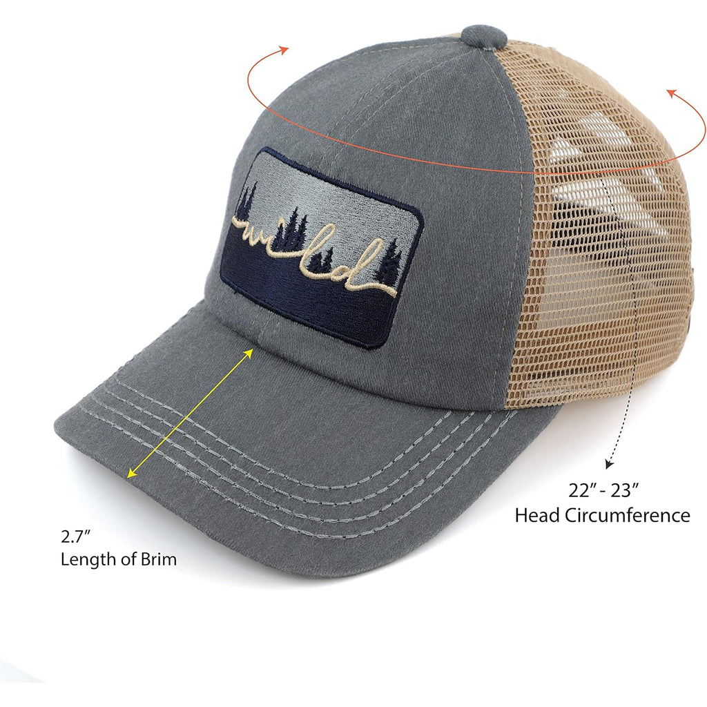 C.C Exclusives Washed Distressed Embroidered Patch Cotton Denim Criss-Cross Ponytail Hat Adjustable Baseball Cap