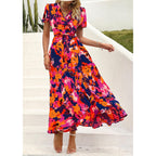 Prettygarden Women'S Boho Floral Maxi Dress Summer Short Sleeve Wrap V Neck Long Flowy Beach Vacation Wedding Guest Dresses