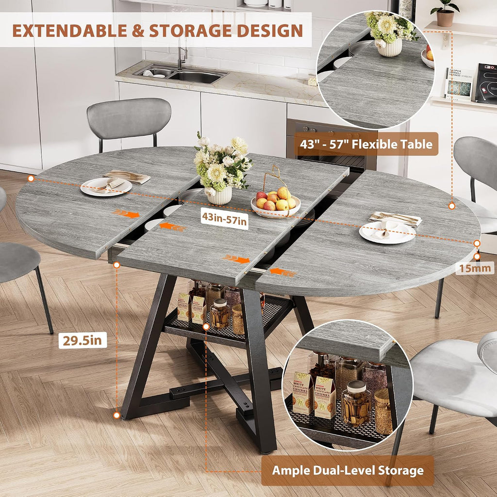 Expandable Kitchen Dining Table For 4-6, Oval Round Dining Table With Storage Shelf And Removable Extension Leaf, Space Saving Pedestal Table For Dining Room, Modern Industrial Style (Grey)