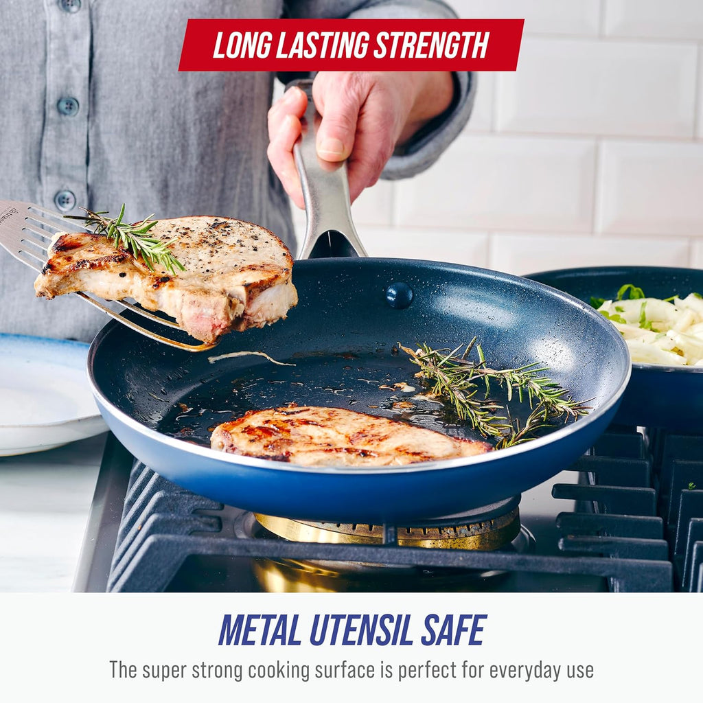 Blue Diamond 10" Nonstick Frying Pan Skillet, Diamond Infused PFAS & PTFE-Free Ceramic Pot, Dishwasher & Oven Safe, Stay Cool Handle, Durable Non Toxic Metal Utensil Safe, Egg & Omelet Pan, Blue