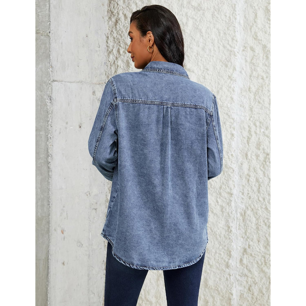 Luvamia Denim Jackets For Women Trendy Long Sleeve Button Down Shirt Jacket Jean Shacket With Pocket Western Work Jacket