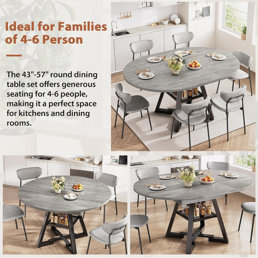 Expandable Kitchen Dining Table For 4-6, Oval Round Dining Table With Storage Shelf And Removable Extension Leaf, Space Saving Pedestal Table For Dining Room, Modern Industrial Style (Grey)