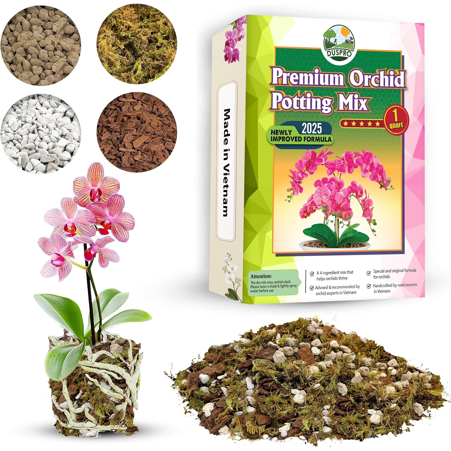 4In1 Orchid Potting Mix For Repotting, Pre-Mixed & Ready To Use, 1Qt | Forest Moss, Pine Bark, Perlite & Pumice, Professional Blend, Drainage & Airflow, Upgraded Formula