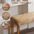 Solid Wood Acacia Indoor Bench, 47 Inch, Fishbone, Water Hyacinth | Natural Woven Seat, Living Room Or Entryway, Bedroom End Of Bed Or Dining, Window Bench