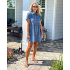 Lookbookstore Women'S Short Sleeve Button Down Flowy Tiered Babydoll Denim Dress