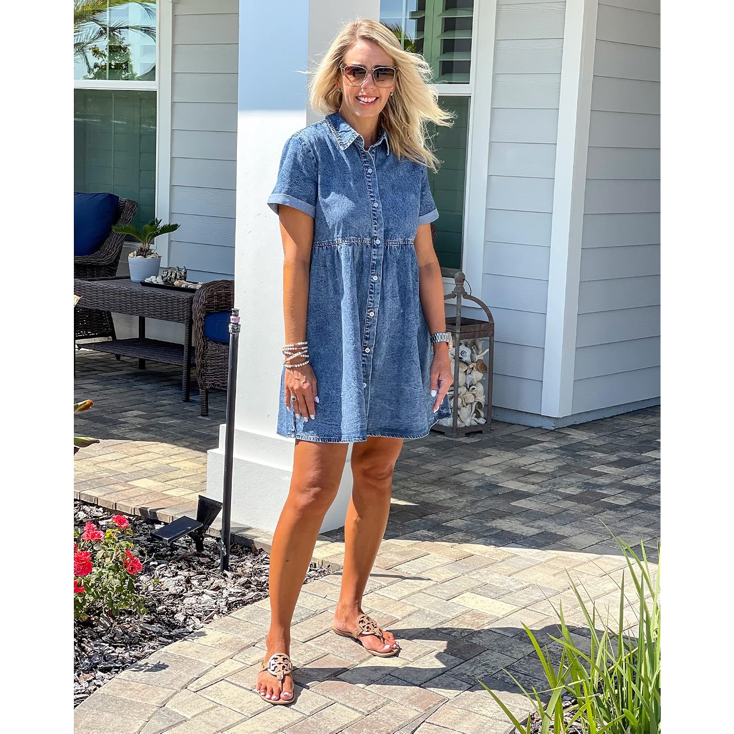 Lookbookstore Women'S Short Sleeve Button Down Flowy Tiered Babydoll Denim Dress