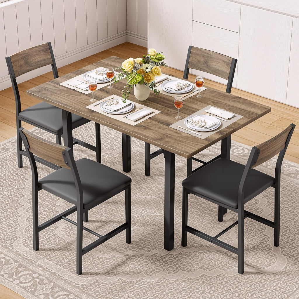 Ironck 5-Piece Dining Table Set For 4, Extendable Kitchen Table Chairs Set Of 4, Dining Room Table With 4 Upholstered Chairs, Folding For Small Space, Apartment, Walnut