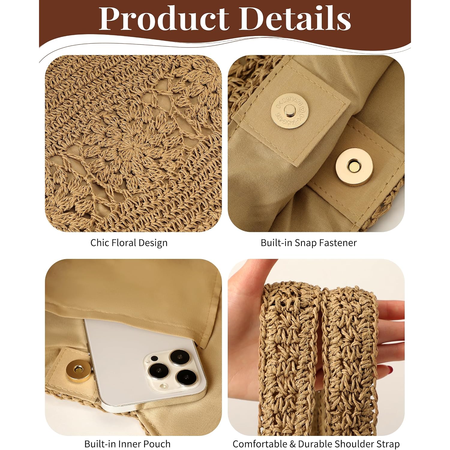 Beach Bag, Straw Beach Bags For Women, Floral Designed Beach Tote Lightweight Foldable Straw Bag