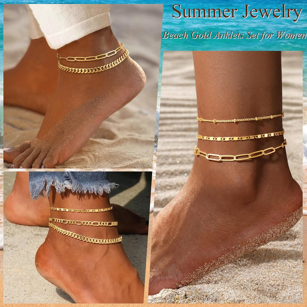 Gokeey Ankle Bracelets for Women, 14k Gold Plated Jewelry Set Waterproof Layered Cuban Figaro Link Chain Anklets Set Gold Anklets Summer Boho Beach Jewelry Gift Adjustable Size