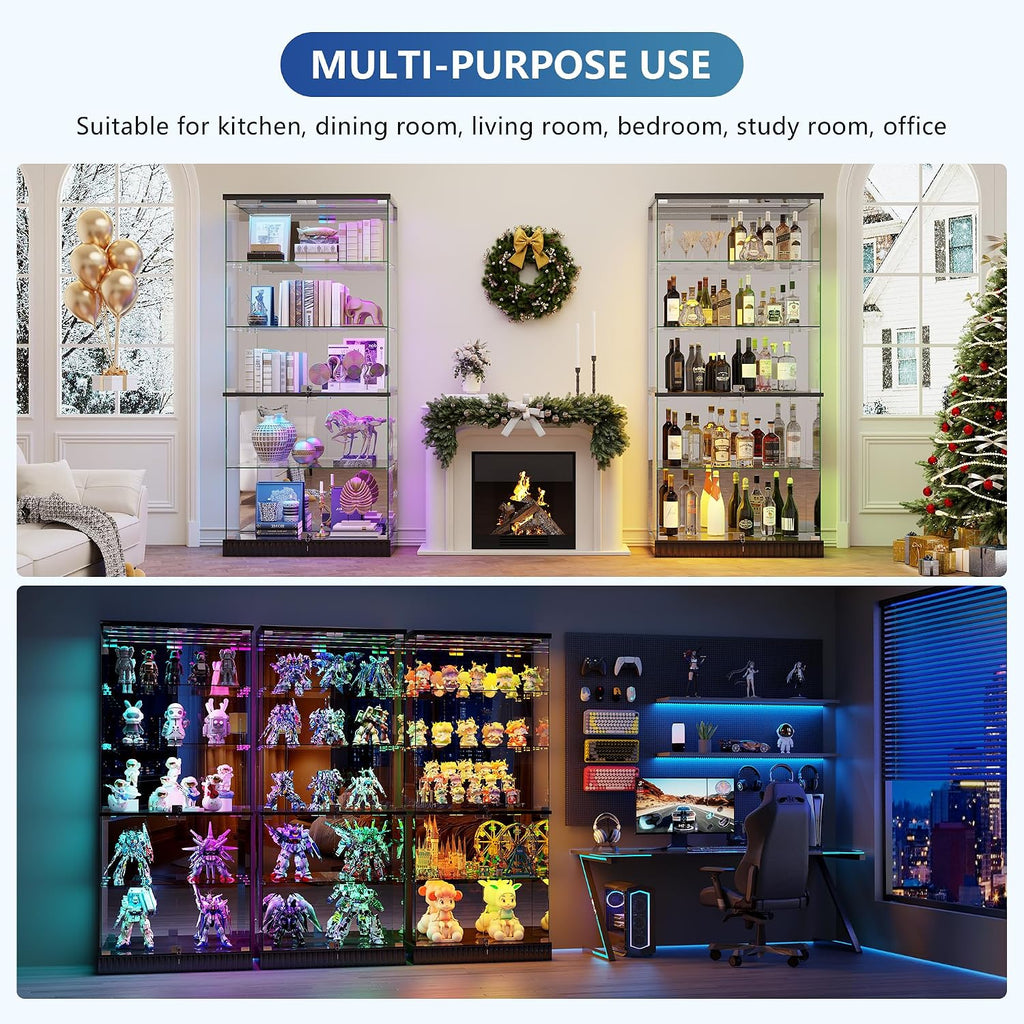 Glass Display Cabinet With Rgb Lights - 5-Tiers Curio Cabinet Display Case With Lock, Frameless Display Shelf For Collectibles & Legos, Living Room Bookcase Storage Cabinet, Gift For Father (Black)