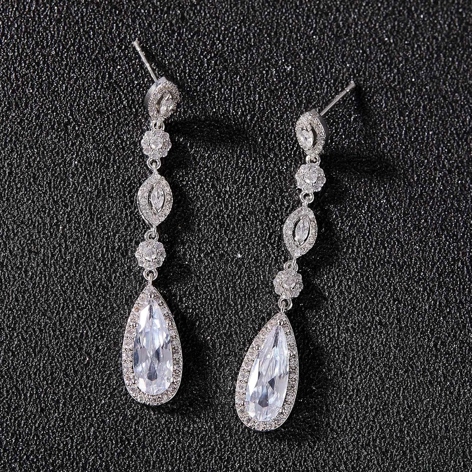 SWEETV Long Pear-Shaped Rose Gold Wedding Birdal Earrings for Brides, Bridesmaids, Crystal Chandelier Dangle Drop Earrings for Women Prom
