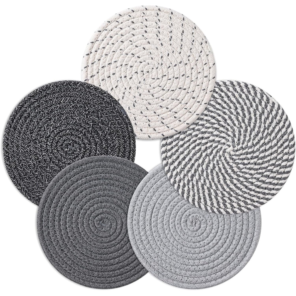 Husfunov 7 Inch Trivets for Hot Dishes, Pots and Pans, 5 Heat Resistant Pot Holders for Kitchen, Home Essentials, Hot Pads for Countertop and Table, Farmhouse Decor Vase Mats, Gray