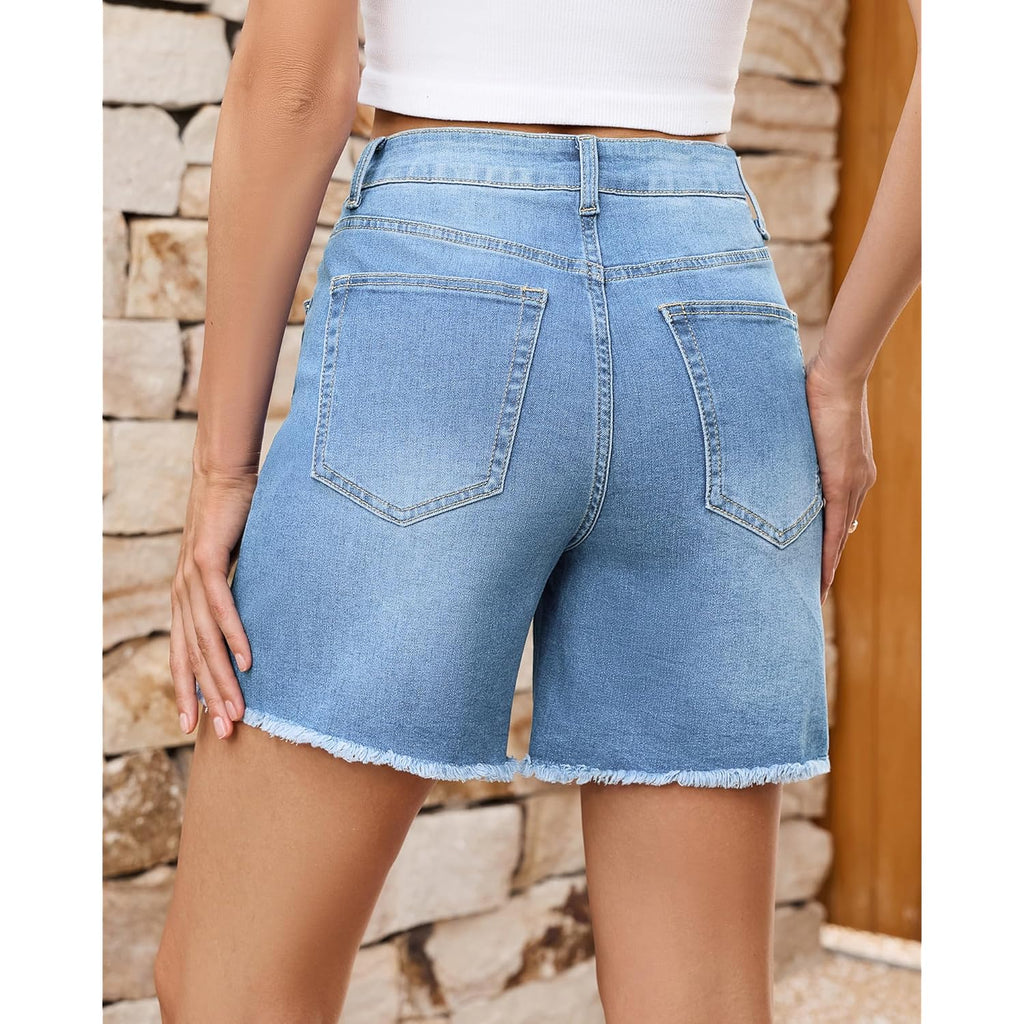 Jean Shorts for Women Trendy High Waisted Raw Hem Mid Thigh Stretch Denim Shorts Cutoff 2026 Casual Summer Jorts