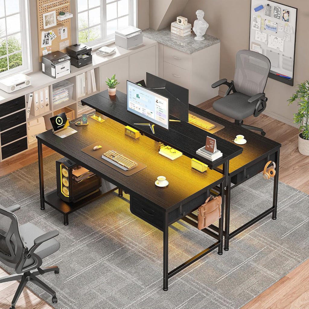 39.3" Gaming Desk With Power Outlet And Led Lights,Bedroom,Black | Computer Desk With Adjutable Monitor Stand,Fabric Drawer,Office Desk With Cpu Stand, Home Work,Study And Gaming,Small Spaces