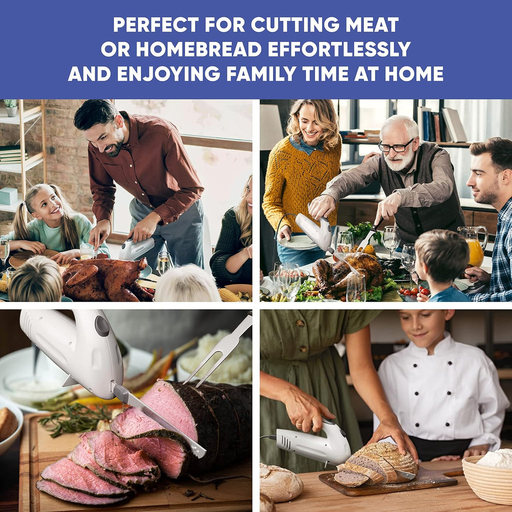 Electric Knife For Meat Slicing, Turkey, Carving Meat, Bread & More | Ergonomic Handle + 2 Carving Reciprocating Stainless Steel Blades And Serving Fork Included, 6 Foot Cord