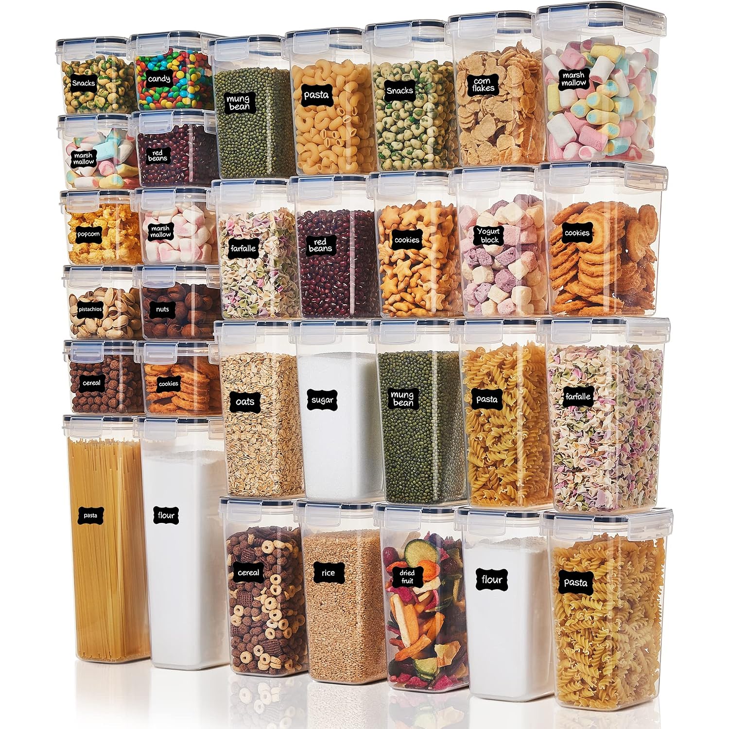 Vtopmart 32Pcs Airtight Food Storage Containers Set, Bpa Free Plastic Kitchen And Pantry Organization Canisters With Lids For Cereal, Dry Food, Flour And Sugar, Includes 32 Labels