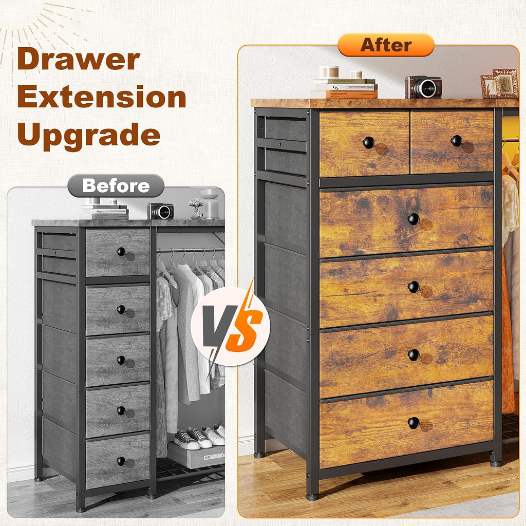 Enhomee 49.2" W Dresser With Hanging Rack & 6 Drawers, Grid Panel & 4 Hooks | Featuring Led Lights And Charging Station, Wooden Top Organize Unit For Bedroom, Chest Of Drawers With Steel Frame, Brown