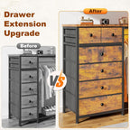 Enhomee 49.2" W Dresser With Hanging Rack & 6 Drawers, Grid Panel & 4 Hooks | Featuring Led Lights And Charging Station, Wooden Top Organize Unit For Bedroom, Chest Of Drawers With Steel Frame, Brown