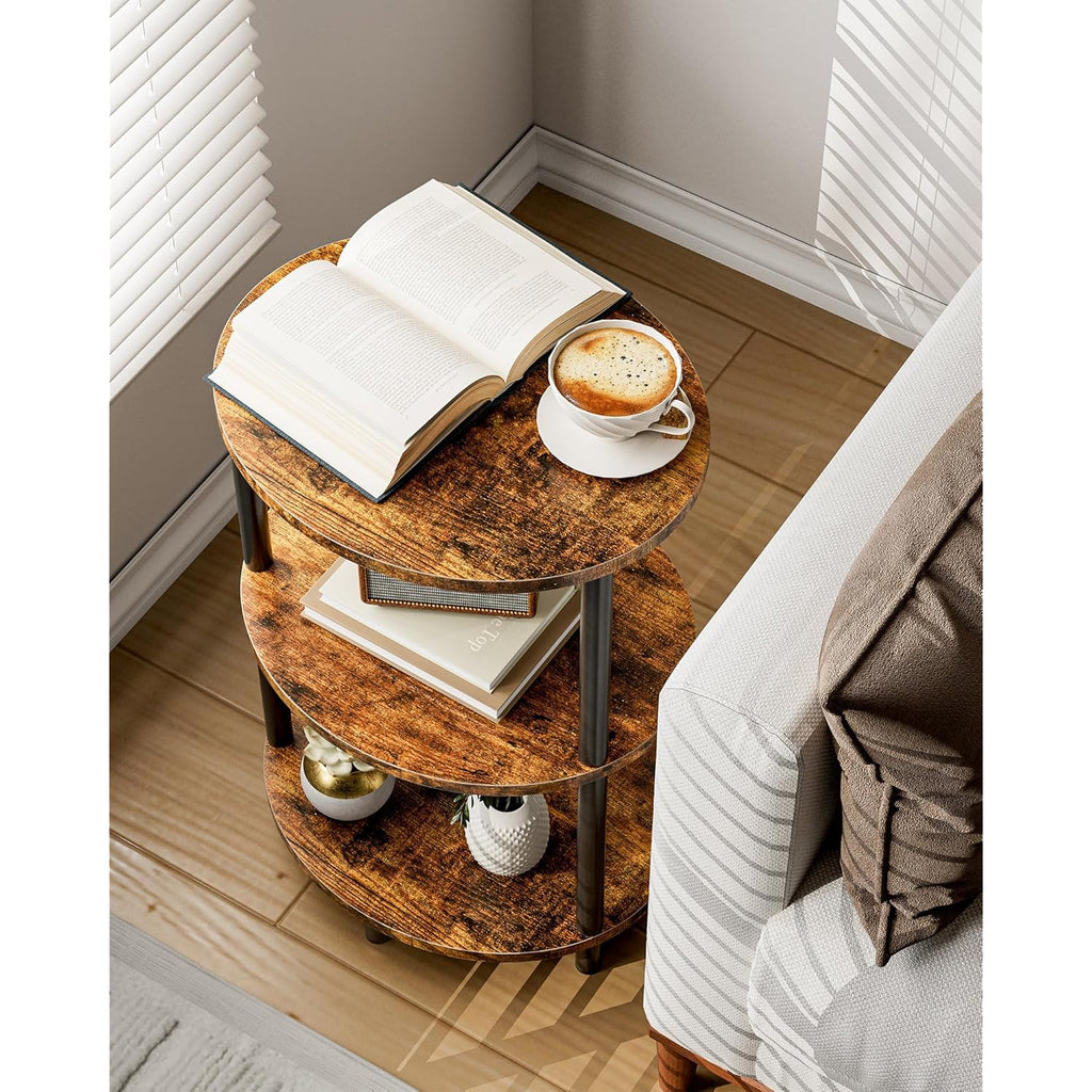 Round Small Side Table - 3 Tier Oval Accent Table for Small Spaces, Rustic Wood and Metal Couch End Table, Nightstand for Bedroom or End Table Living Room, Easy to Assemble, Rustic Brown