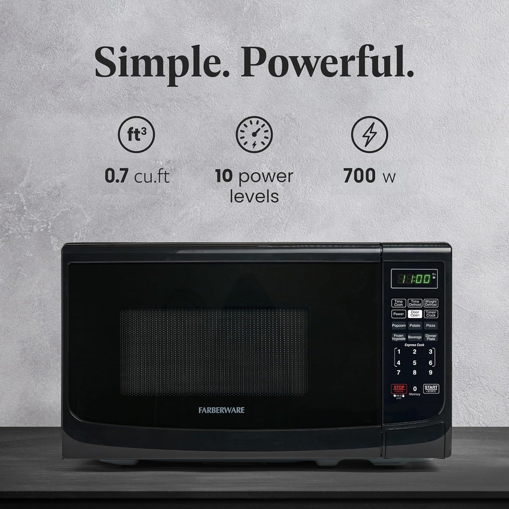 Farberware 0.7 Cu. Ft. Countertop Microwave Oven – 700 Watts Power, Auto Cook Settings, Defrost, Easy Clean and Child Safety Lock - Black
