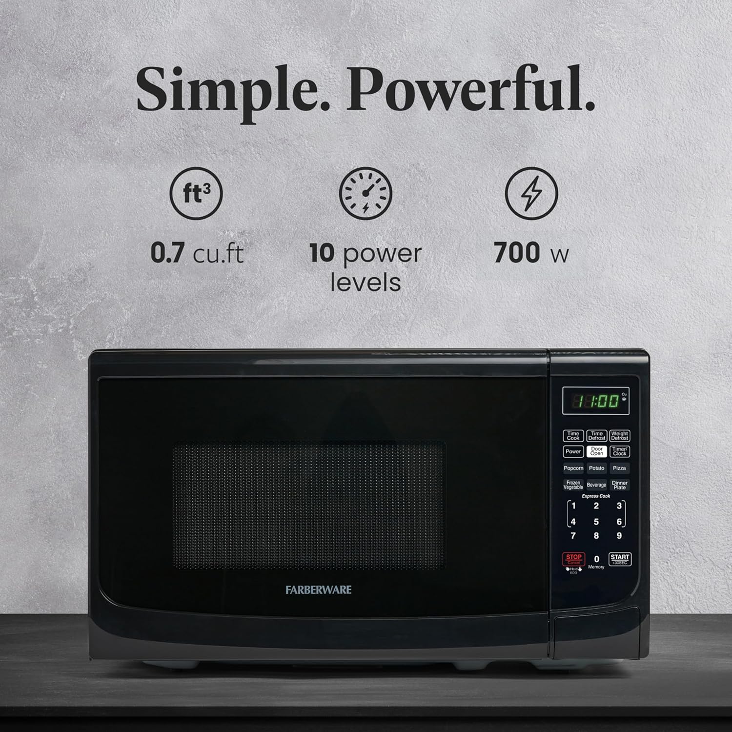 Farberware 0.7 Cu. Ft. Countertop Microwave Oven – 700 Watts Power, Auto Cook Settings, Defrost, Easy Clean and Child Safety Lock - Black