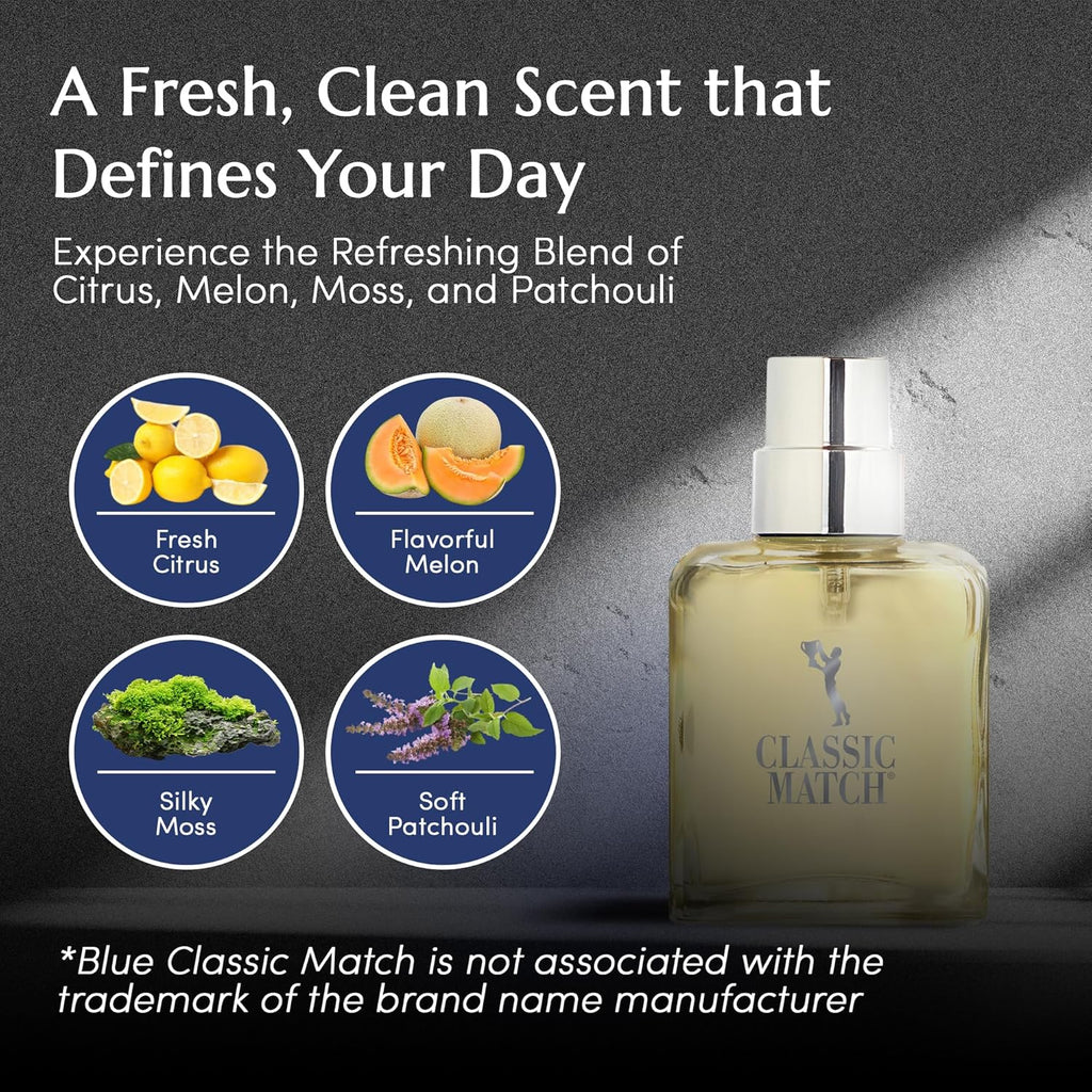 PB ParfumsBelcam Blue Classic Match Eau de Toilette Spray for Men – Modern Citrus Fougere Fragrance, Notes of Melon, Moss and Patchouli, Cologne Alternative, Signature Fragrance – 2.54 Fl Oz