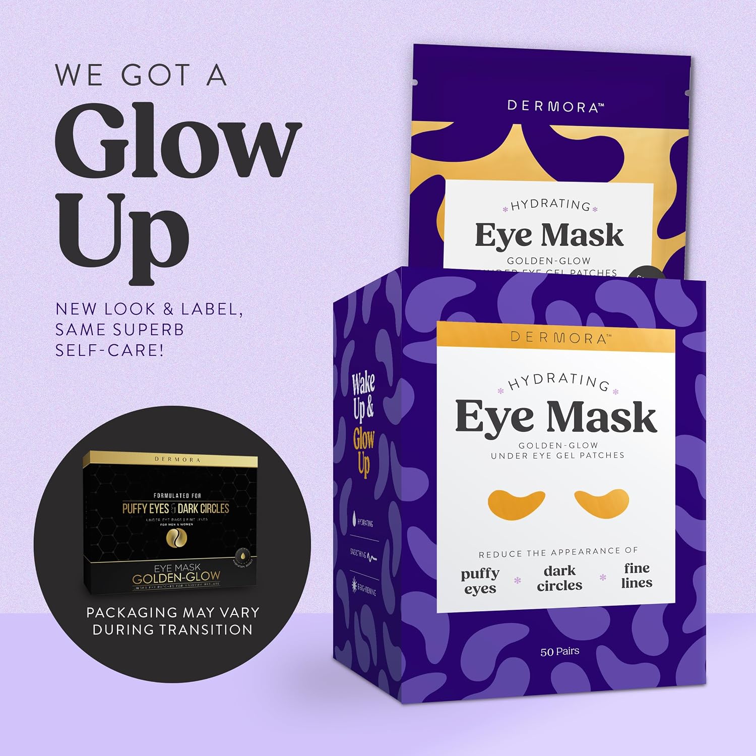 Dermora Golden Glow Under Eye Patches - 50 Pairs Individually Packed, Hydrating Soft Gel Eye Masks For Puffiness, Wrinkles, Dark Circles & Fine Lines, Glowing Skin, Travel Friendly