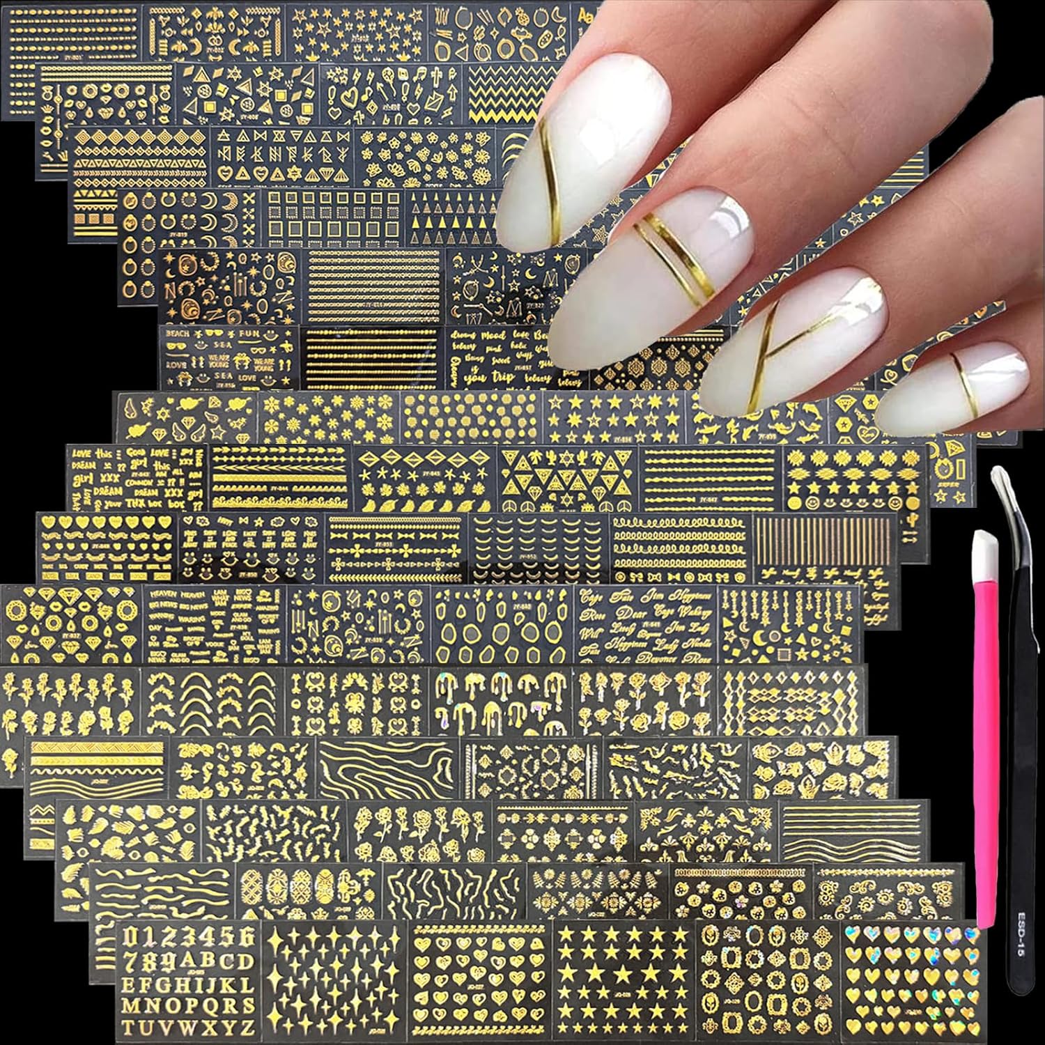 90 Sheets Gold Nail Art Stickers: Star Heart Flower Line, 3D Self-Adhesive Nail Decals for Women's Nail Decoration with Tweezer