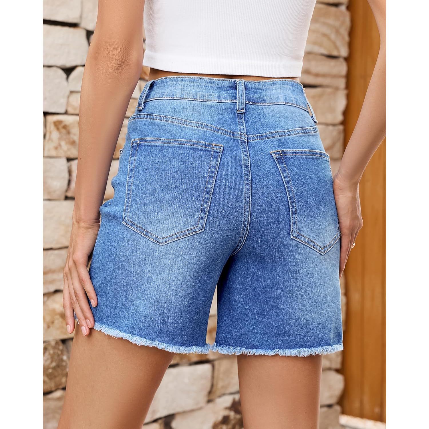 Jean Shorts for Women High Waisted Raw Hem Mid Thigh Cut Off Stretchy Denim Shorts Casual Summer Jorts