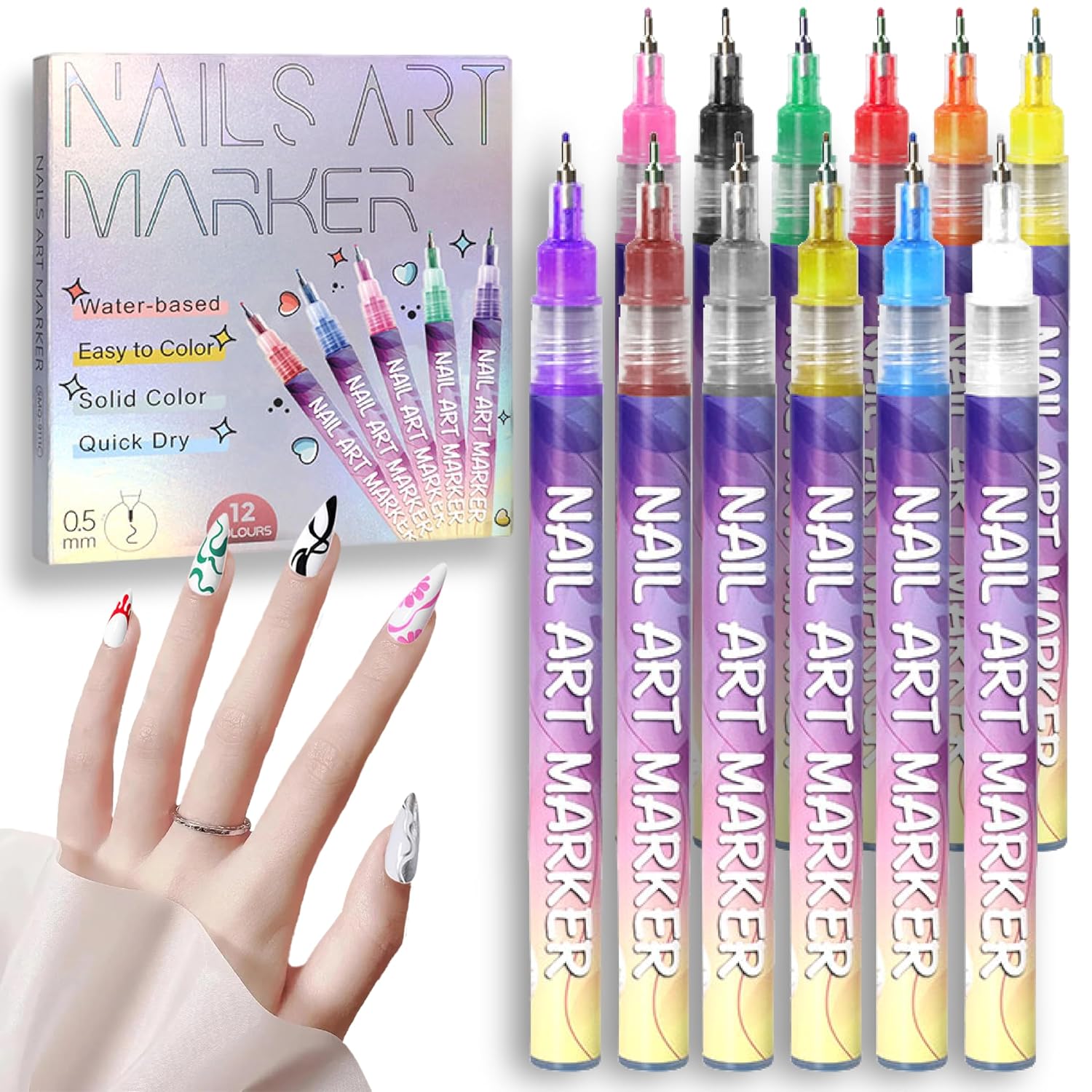 12 Colors Nail Art Pens Set, 3D Nail Polish Pens, Nail Art Markers for Gel Nails, Dotting Pen, Acrylic Paint Pens, Liner Pen for Nail Art Design Manicure DIY Decoration