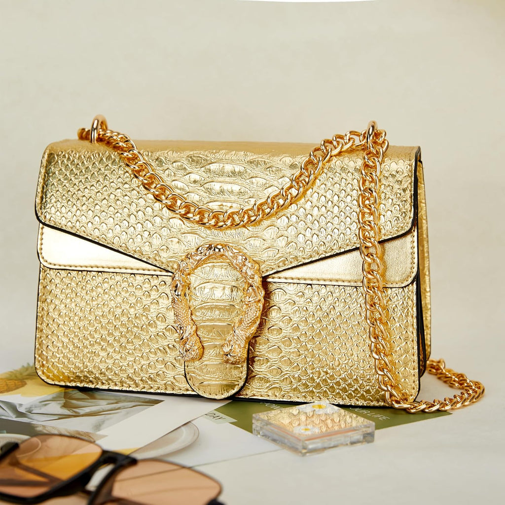 Leather Shoulder Bag Chain Purse For Women - Fashion Crossbody Bags Vintage Snake Print Underarm Bag Square Satchel Handbag