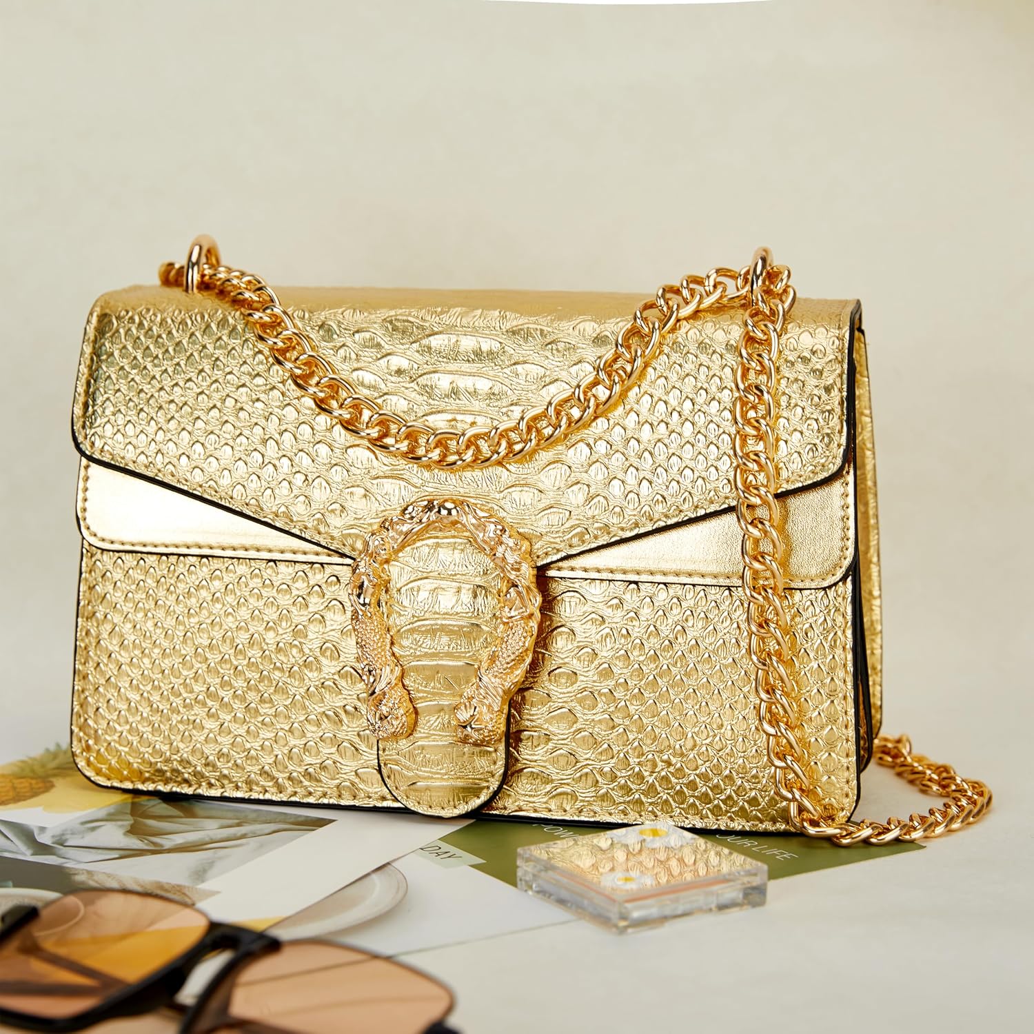 Leather Shoulder Bag Chain Purse For Women - Fashion Crossbody Bags Vintage Snake Print Underarm Bag Square Satchel Handbag