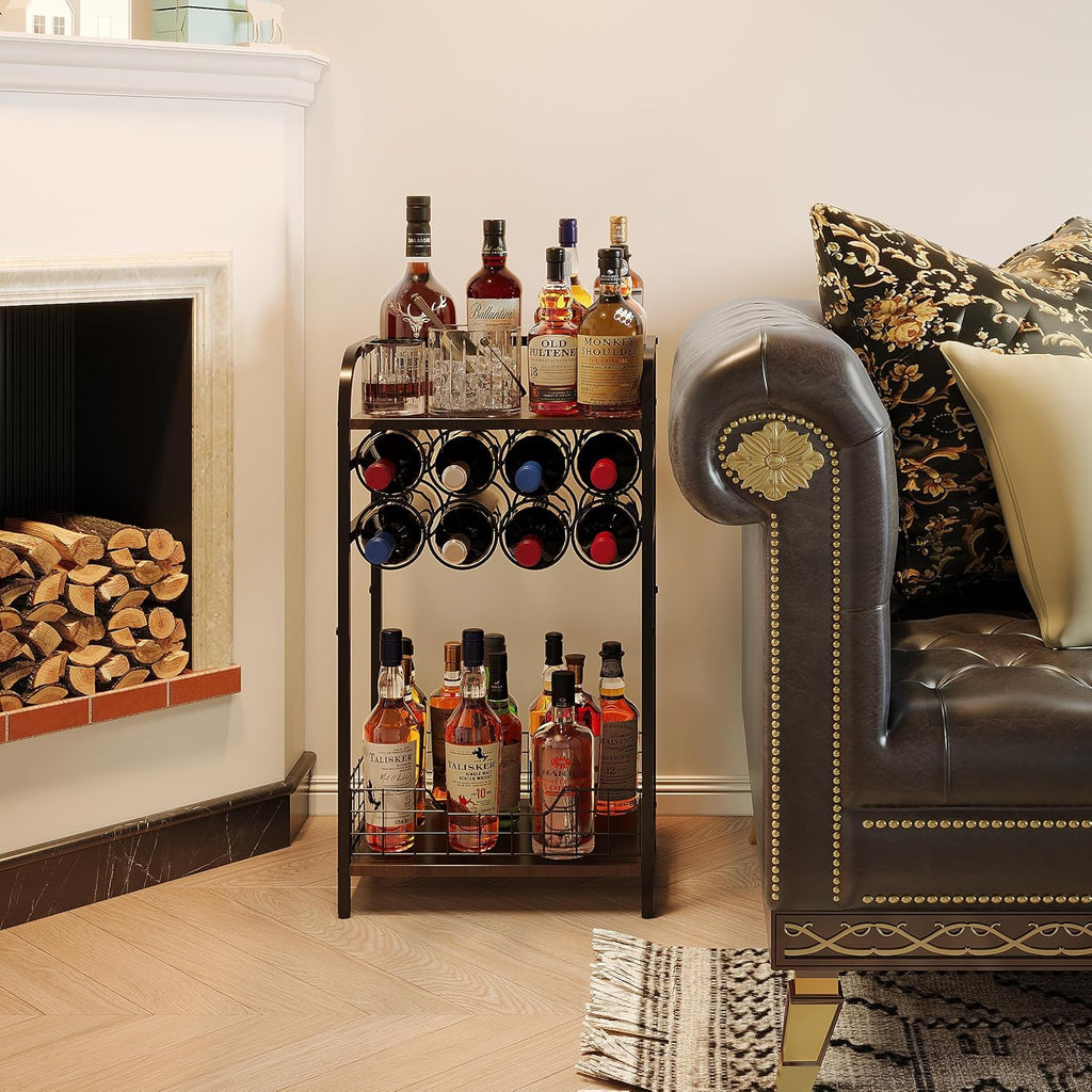 3-Tier Wine Rack Freestanding Floor Cabinet Corner Bar Cabinet Bar Cart,12 Individual Wine Storage Bottle Compartments Corner Bar Cabinet Holder,Wood + Black Frame Liquor Cabinet