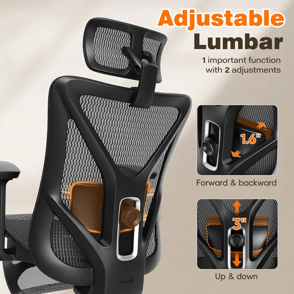 Ergonomic Office Chair With Footrest, 135° Reclining Desk Chair With Adjustable Lumbar Support,3D Armrest,Headrest & Large Steel Base, 300Lbs Heavy Duty Mesh Chair