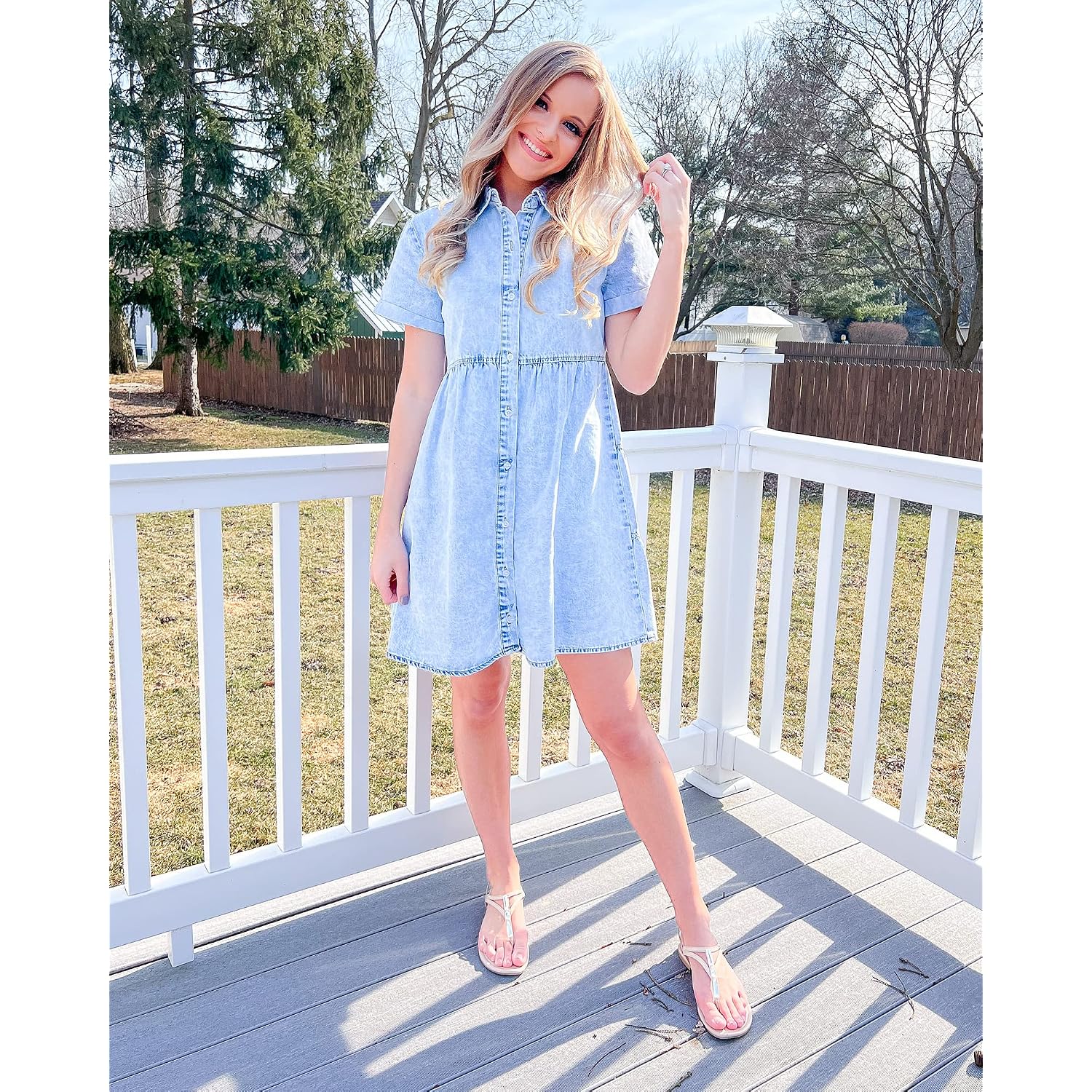 Grapent Denim Dress For Women Babydoll Tiered Short Sleeve Button Down Jean Shirt Dresses