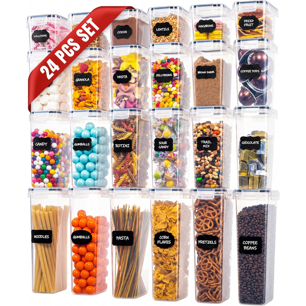 Oizeir Airtight Food Storage Containers Set - Air Tight With Lids - Pasta Flour Sugar Cereal - Storage Containers For Food (Clear-24 Pack)