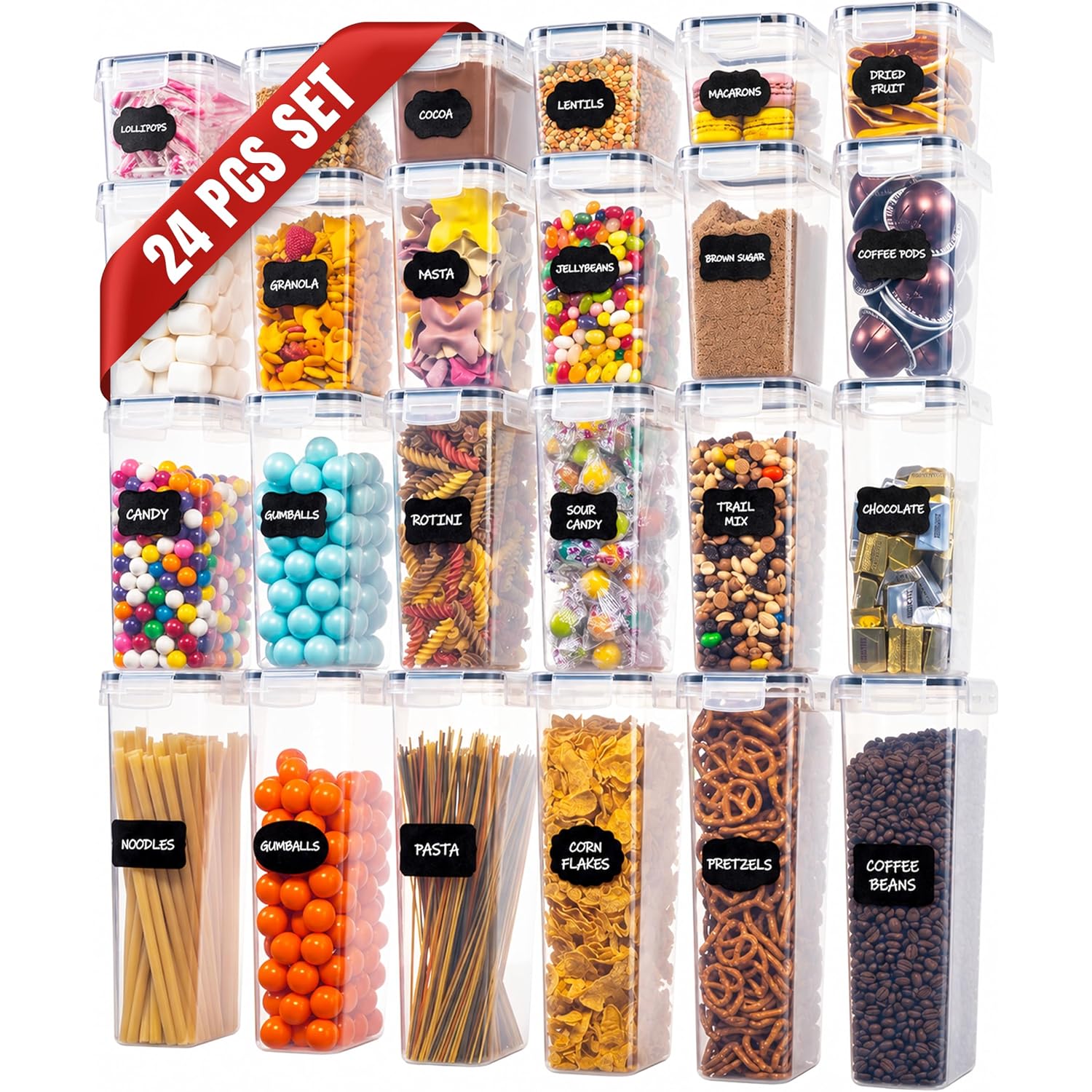 Oizeir Airtight Food Storage Containers Set - Air Tight With Lids - Pasta Flour Sugar Cereal - Storage Containers For Food (Clear-24 Pack)