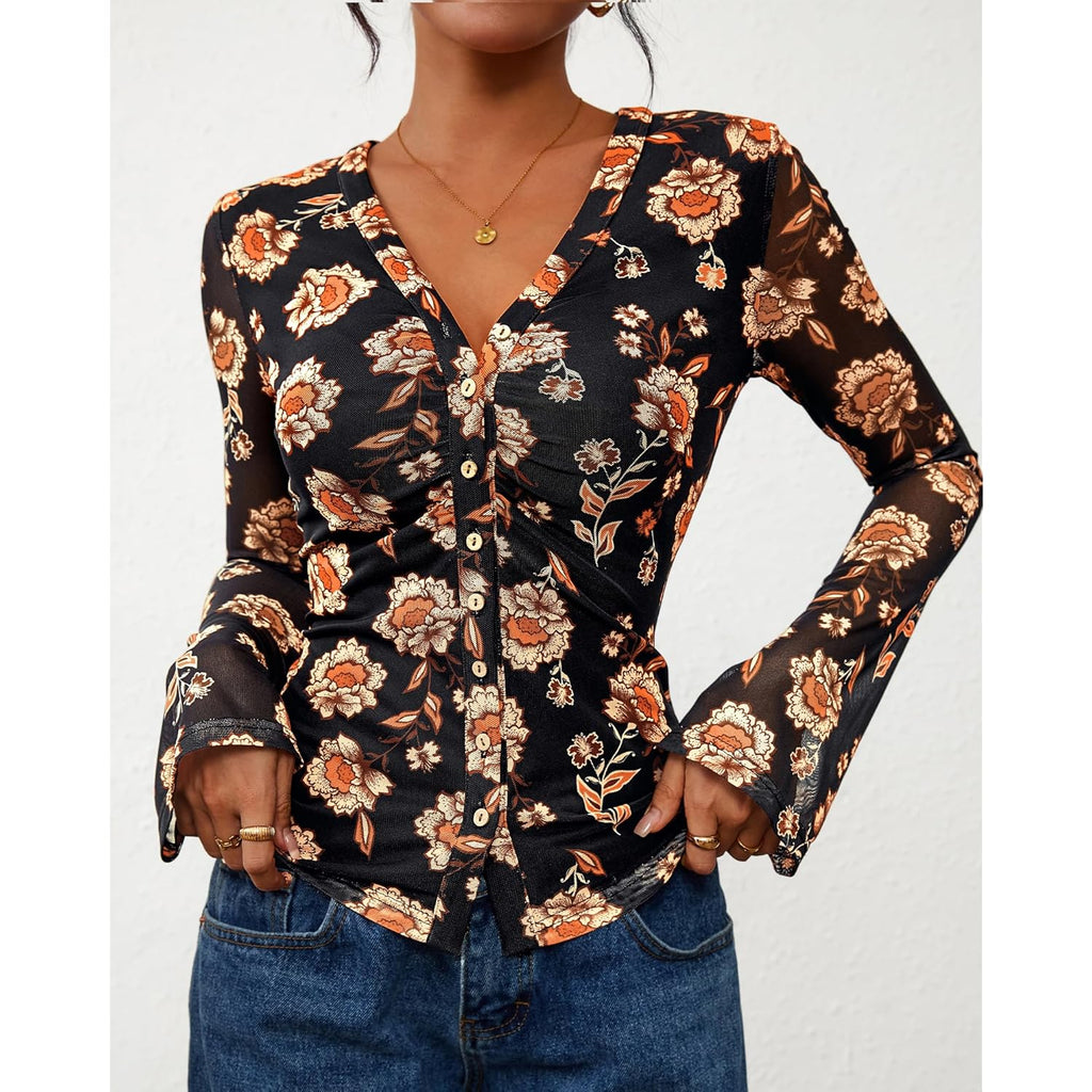 Button Down Shirts for Women 2026 Spring Boho Tops V Neck Long Sleeve Blouses Ruched Mesh Fitted Fashion Clothing