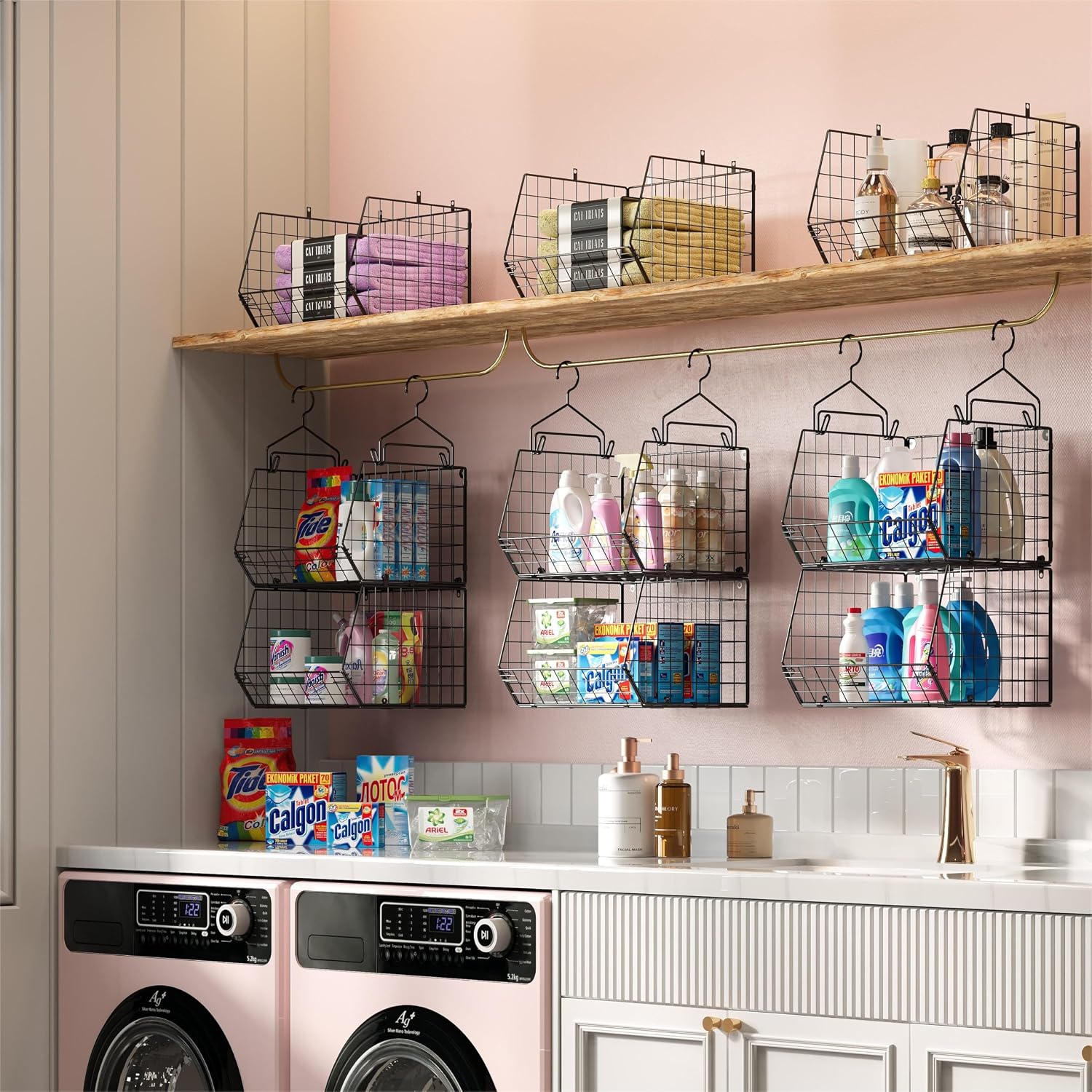 X-Cosrack 5 Tier Closet Hanging Organizer, Clothes Hanging Shelves With 4 Hanging Hooks 5 S Hooks, Wire Storage Basket Bins, For Clothing Sweaters Shoes Handbags Clutches Accessories Patent Design