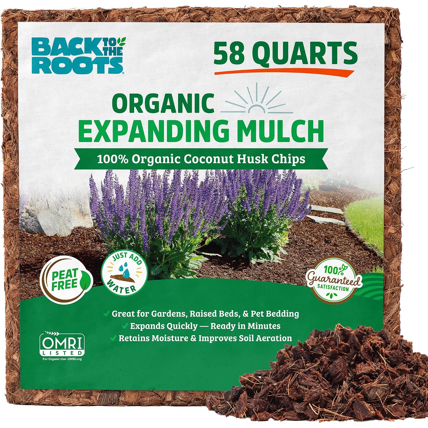 Back To The Roots 100% Organic Mulch, 58 Quart (2 Cubic Ft), Expanding Coconut Husk Block For Gardening