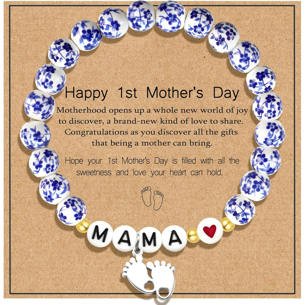 Sereney Mothers Day Gifts for Grandma/New Mom, Nana/New Mama/Mimi/Gigi Bracelets for Women as First Mothers Day Gifts for Mama Grandmother, Bule and White Porcelain Stretch Bead Bracelet for Nana Gigi Mimi