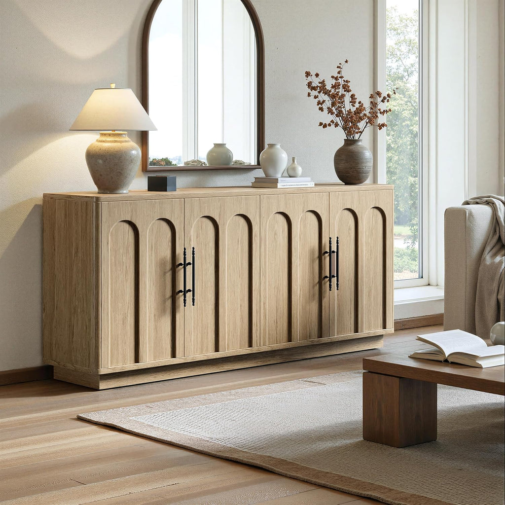 Evermagin 67" Arched Oak Buffet Cabinet With Storage, Large Credenza With 4 Doors, Wood Mid Century Modern Sideboard For Kitchen And Living Room (67"*31.5"*15.7")