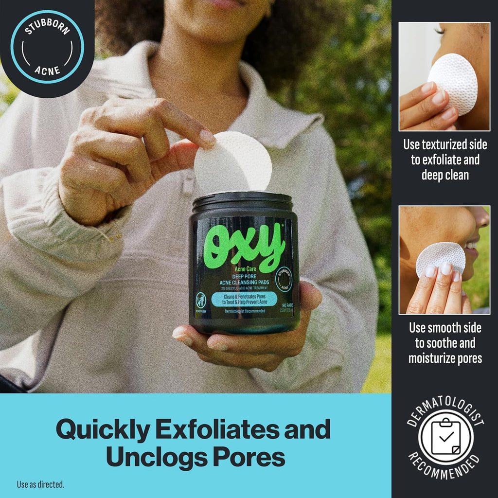 Oxy Deep Pore Acne Facial Cleansing Pads, Maximum Strength 2% Salicylic Acid Stubborn Acne Treatment, Fights Breakouts, Exfoliates, Unclogs Pores, Treats Blackheads, Dermatologist Recommended, 90 Pads