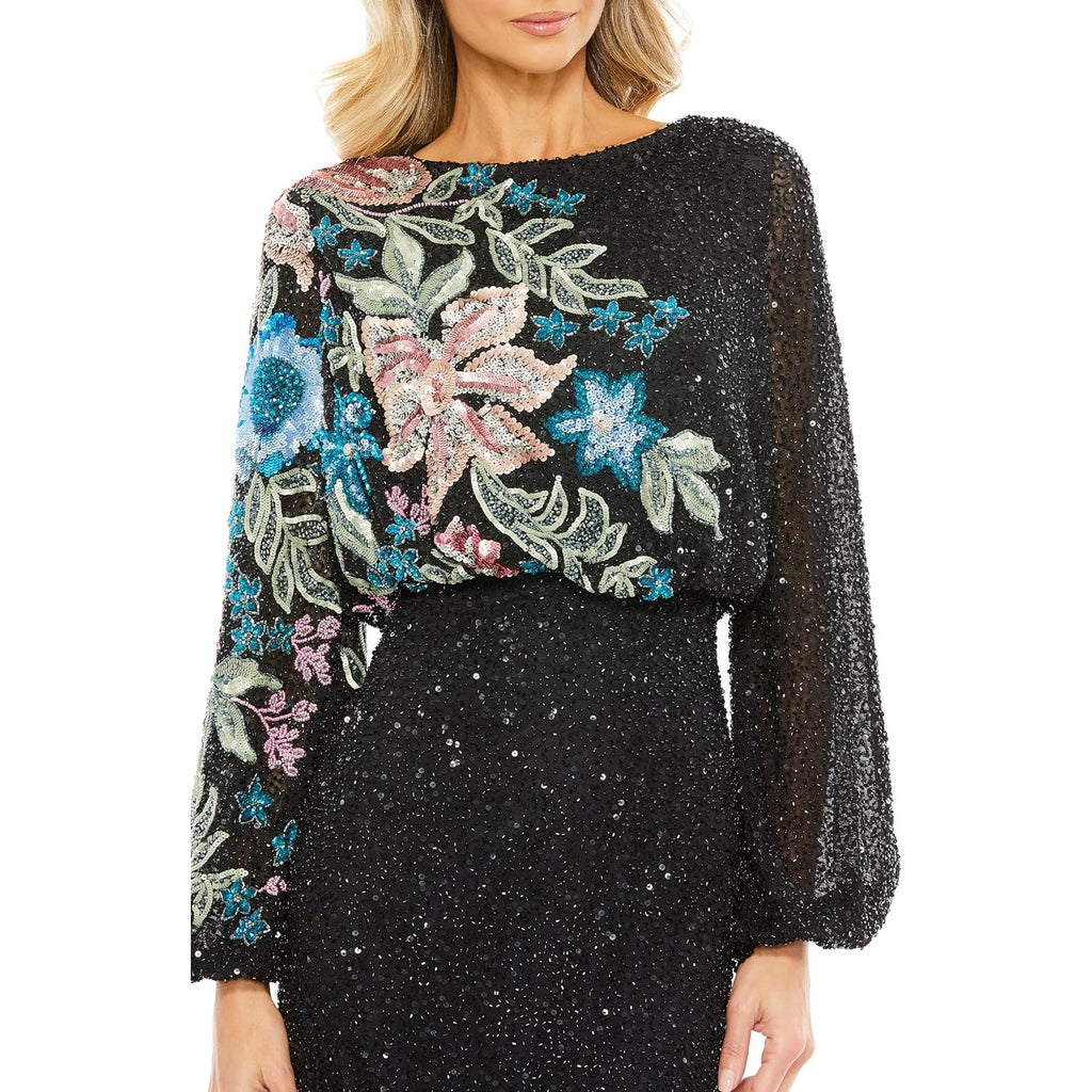 Mac Duggal Beaded Mesh Boat Neck Bishop Sleeve Column Gown