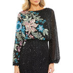 Mac Duggal Beaded Mesh Boat Neck Bishop Sleeve Column Gown